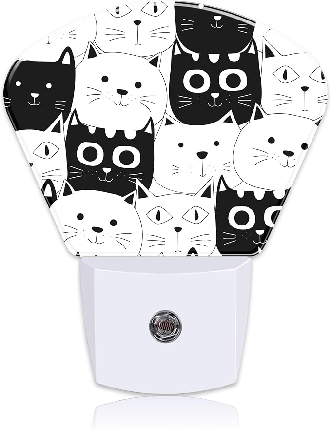 Cute Black and White Cat Night Light for Kids, Doodle Cat LED Night Light Plug into Wall with Dusk to Dawn Sensor for Girls Boys Women Men Room, Hallway, Kitchen, Bathroom, Stairs Decor