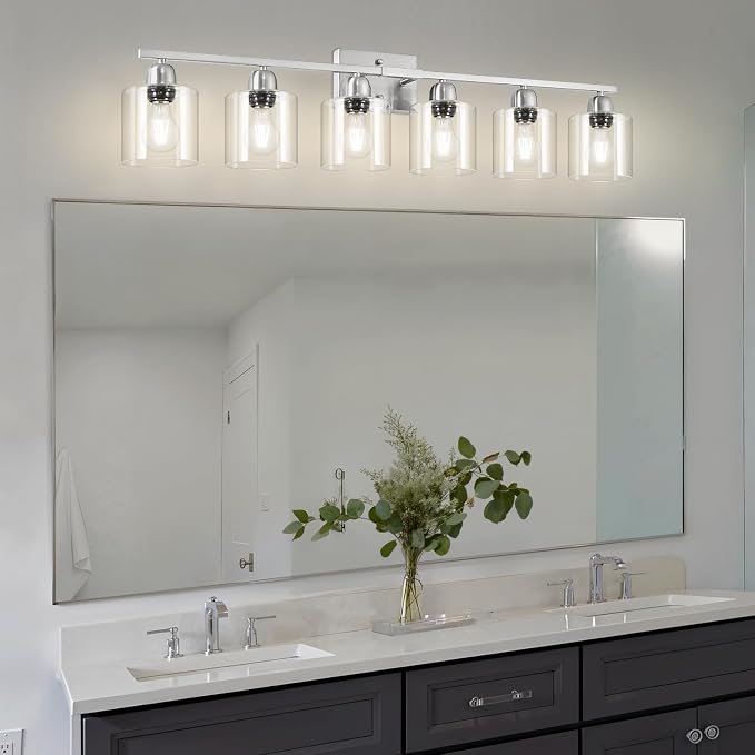 Modern Brushed Nickel 6 Light Bathroom Light Fixtures,38 inch Vanity Lights for Bathroom with Clear Glass, Vanity Light for Mirror Kitchen Living Room Hallway Cabinet Porch