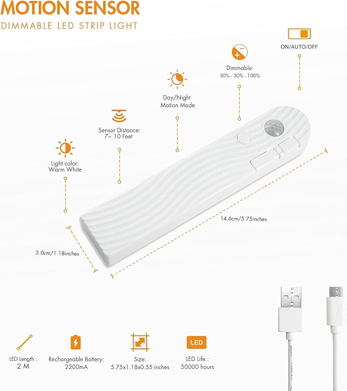 Sensky Motion Activeted LED Strip Lights Rechargeable Motion Sensor LED Strip Dimmable Cabinet Strip Lighting for Wardrobe, Gun Safe, Cabinet, Pantry, Closet (2M, Warm White)