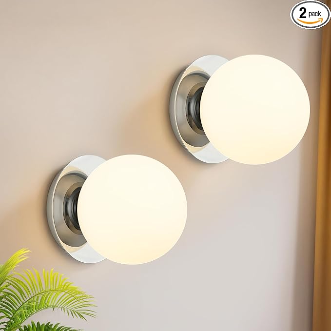 2 Pack Modern Chrome Wall Light Fixtures, Mid-Century Globe Glass Wall Sconces Set of Two for Bathroom Mirror, Living Room, Hallway, Entryway (Bulbs Not Included)
