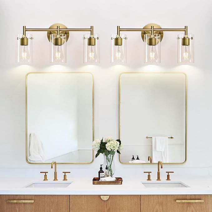 Bathroom Light Fixtures, 3-Light Brass Vanity Light, Black Bathroom Lights Over Mirror with Clear Glass Shade, Wall Sconces for Mirror Bedroom Living Room Hallway