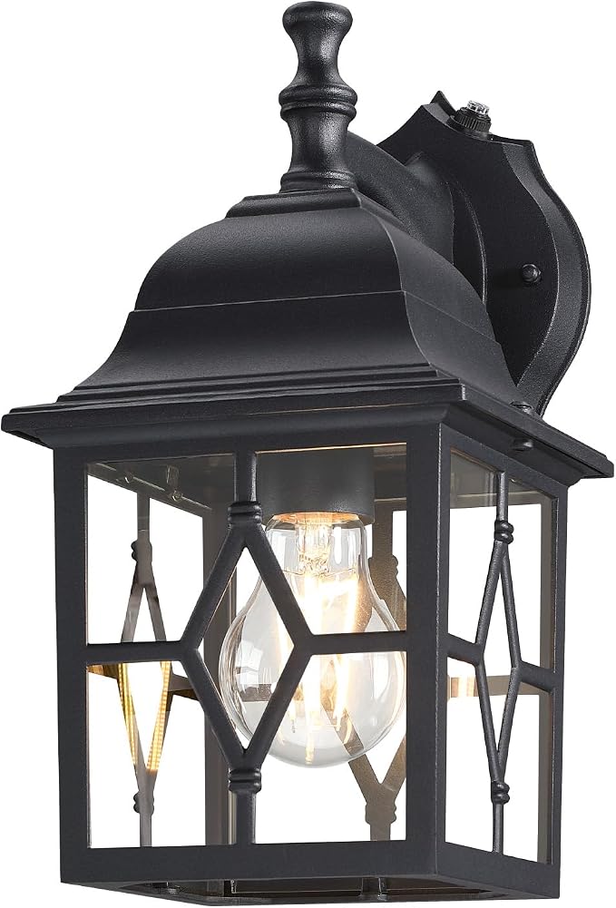Outdoor Wall Light Fixture, Rustproof Aluminum, Glass | Dusk to Dawn Large Exterior Porch Light Wall Sconce Lantern for House, Patio, Garage, Waterproof, E26 Socket 60W Max, Black