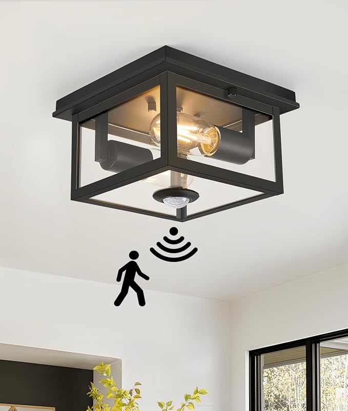 Motion Sensor Outdoor Ceiling Light with Remote, 8.5 Inch Matte Black Flush Mount Porch Light Fixture with United Glass Cover, 5 Modes Outside Flush Mount Light for Porch, Garage, Patio, Entryway