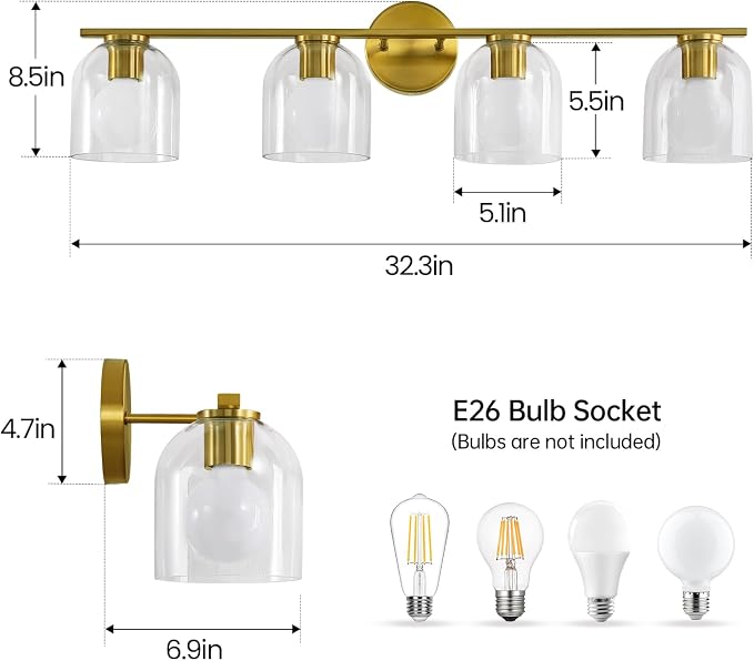 WOSHITU Bathroom Vanity Light Fixtures: 32.3 Inch Modern Brushed Gold Bathroom Light Fixtures Over Mirror with Clear Glass Shade, 4-Light Bathroom Lights Above Mirror