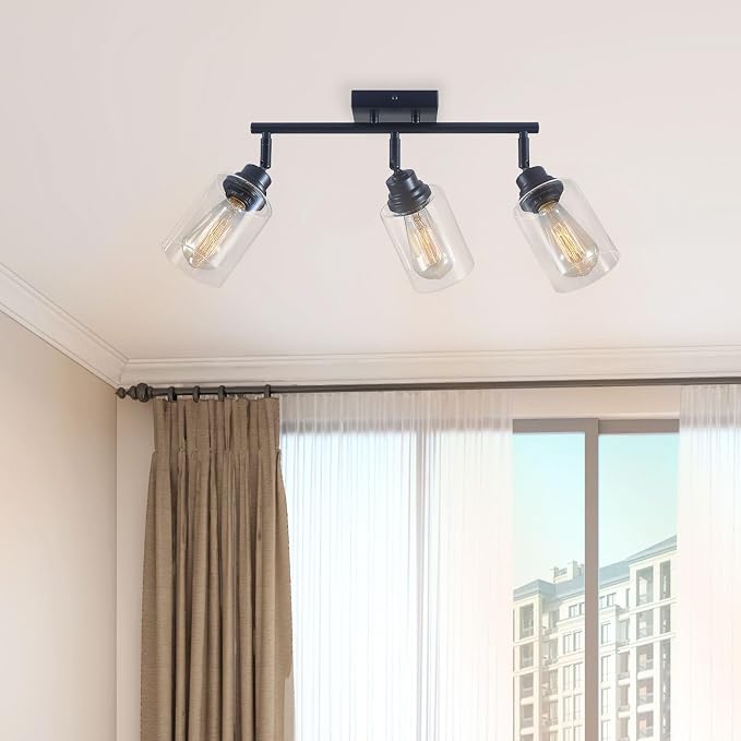 3-Light Matte Black Track Lighting Ceiling Mount for Kitchen | 350° adjustable track heads with clear glass shades, E26 ceiling mount for kitchen, bathroom and vanity lighting