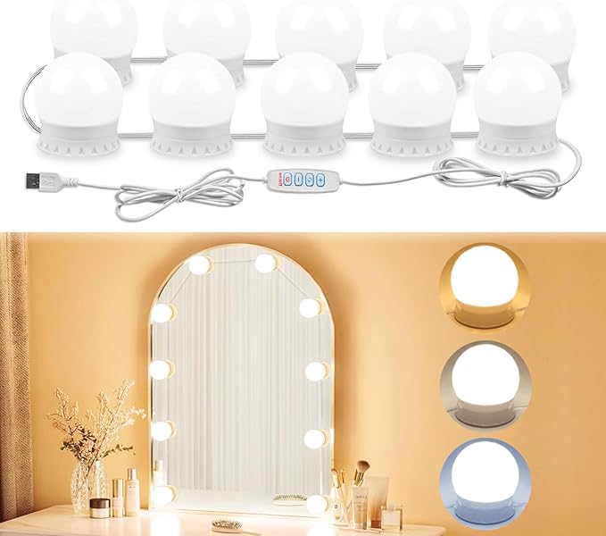 LED Vanity Lights for Mirror,10 Dimmable Bulbs,3000K 4500K 6500K & Brightness Adjustable,Hollywood Mirror Lights for Makeup Dressing Room