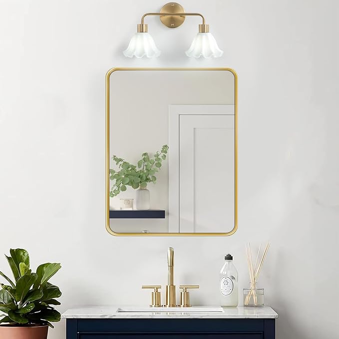 2 Light Gold Brass Bathroom Light Fixture,Brush Gold Vanity Lighting Over Mirror,Cute White Glass Flower Lampshade,Wall Sconces,E26 Socket(Bulbs Not Included)