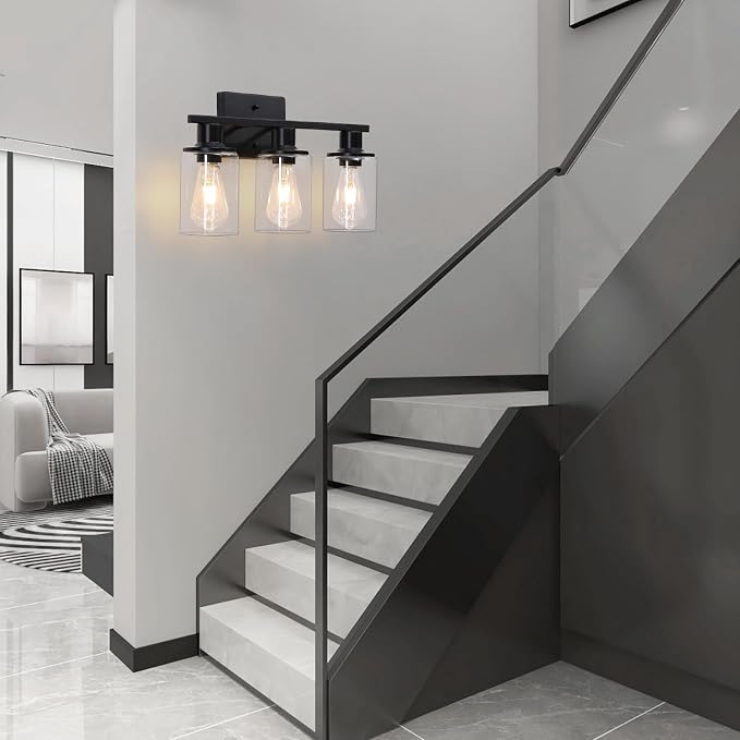 Matte Black Bathroom Light Fixtures Over Mirror,3-Light Bathroom Vanity Light with Clear Glass Shade,Modern Farmhouse Wall Sconces Lighting for Mirror Kitchen Living Room Cabinet