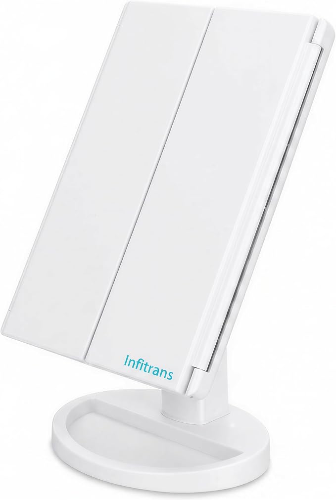 Infitrans Trifold Makeup Mirror Vanity Mirror with Lights,1X 2X 3X Magnification,Touch Control,Adjustable Rotation,Dual Power Supply,Portable Travel Cosmetic Mirror,Birthday Gifts for Women,Teengirls