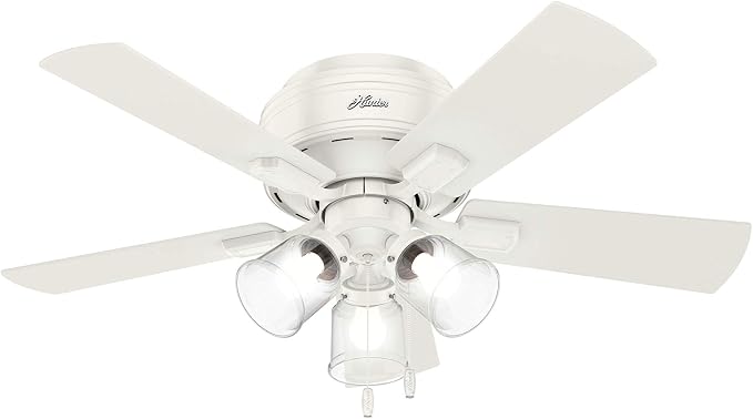 Hunter Crestfield, Indoor, Ceiling Fan, Quiet, 42 inch, Fresh White | with LED Lights and Pull Chain, Low Profile Flush Mount, 5 Blades, For Bedroom, Living Room, Kitchen, 52152