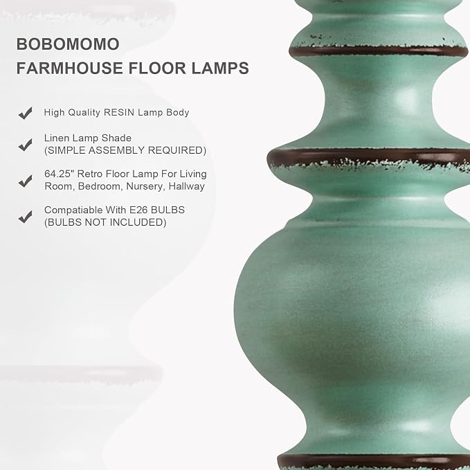 BOBOMOMO 64.25" Farmhouse Floor Lamp for Living Room, Tall Antique Blue Standing Lamp with Rotary Switch, Vintage Reading Lamp for Bedroom & Nursery, Coastal Cottage Home Decor