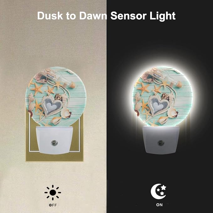 EKOBLA Beach Night Lights Plug into Wall Seashell Starfish on Wooden Board Coastal Led Dusk to Dawn Plug-in Nightlights Auto Sensor for Home Indoor Bathroom Hallway Kitchen