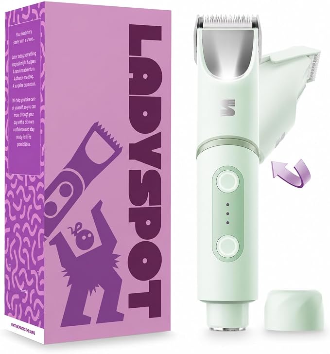 SpinDuo 2 in 1 Electric Bikini Trimmer for Women,180°Rotating Head | SpotGlide™ ceramic blade for body, legs and bikini, Mirror and LED light reveal fine hair, Trim, shave and red light, IPX7