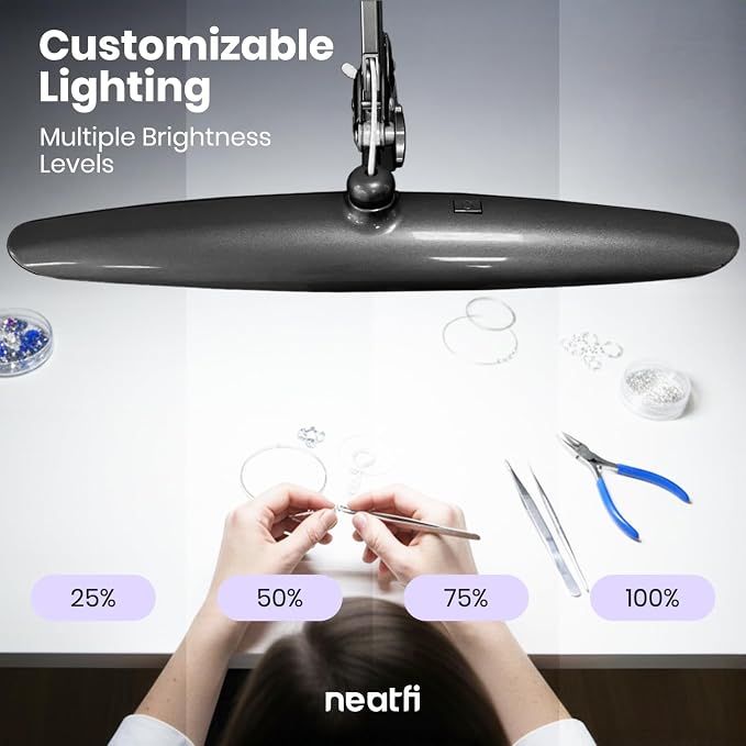 Neatfi XL 2200 Lumens 24W LED Desk Lamp – Shadow-Free Task Lighting | 4-Level Dimming | Home Office & Crafts Use | 20-Inch Wide Head (Space Gray, Non-CCT with Clamp)