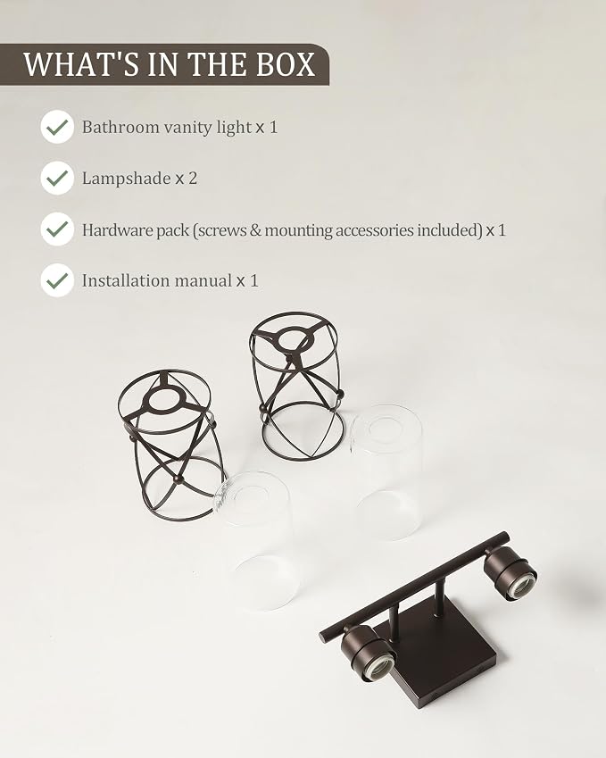 2-Light Oil Rubbed Bronze Bathroom Light Fixtures Over Mirror, 13.2" UL-Listed Modern Farmhouse Wall Sconce Lights with Clear Glass and Metal Cage for Bath, Hardwire E26, CH9176ORB-2W