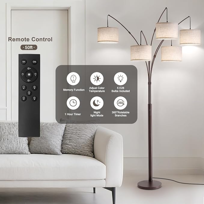 Dimmable Floor Lamp - Arc Floor Lamps for Living Room, 4000LM Super Bright Modern Tall Standing Lamp with Black Shades & Heavy Base, Mid Century Tree Floor Lamp for Bedroom Office