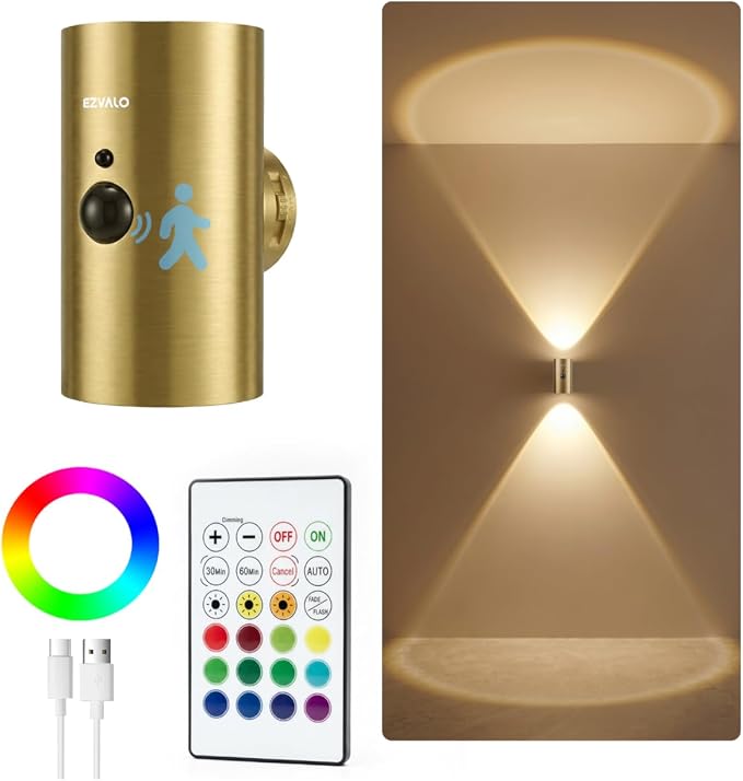 EZVALO Motion Sensor Wall Sconce with Remote, Battery Operated 4000mAh Rechargeable Wall Light, 3 Color Temperatures & 12 RGB, Up & Down LED Lighting for Hallway, Stairway (Brushed Gold, 1 Pack)