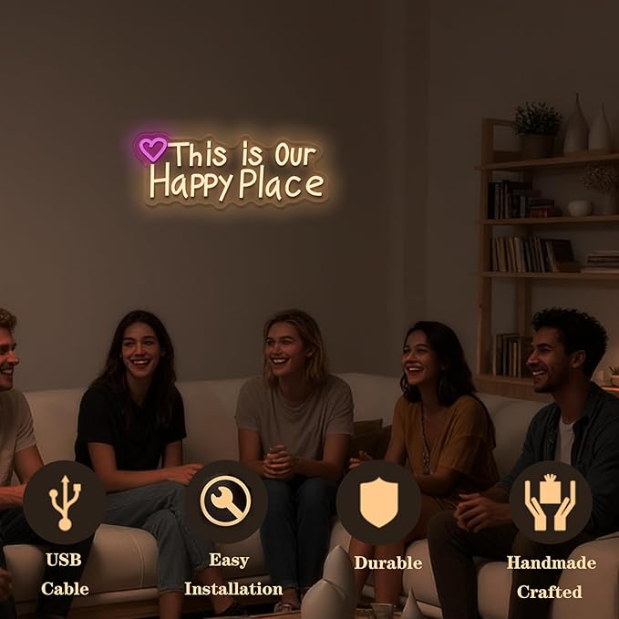 This is our happy place neon sign, suitable for wedding birthday girl party bar wall decoration, dimmable, USB powered, pink heart shape