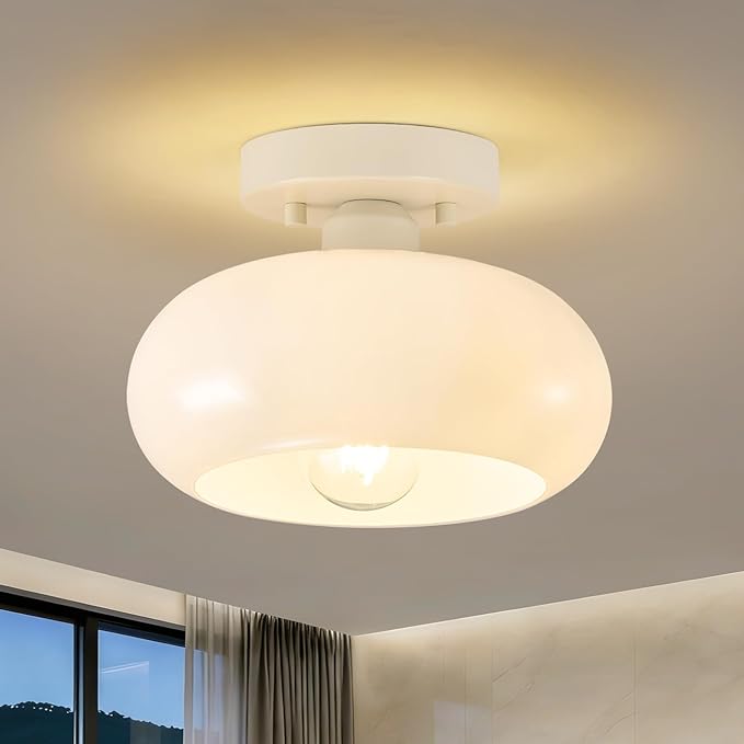 WOKNOS Mid-Century Modern Cream White Semi Flush Ceiling Light 8.66 Inch | Mini White Glass Shade Close to Ceiling Lighting Fixture For Kitchen Entryway Hallway Bathroom Closet Bedroom Laundry Room