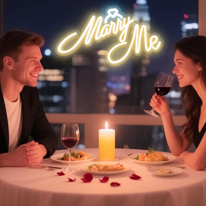 Marry Me Neon Sign, LED Neon Sign Wall Decor for for Engagement Proposal Wedding Ceremony Backdrop Wall Background Decorations, 16"x 9" USB Powered 10 Warm Brightness Light up Letters Signs