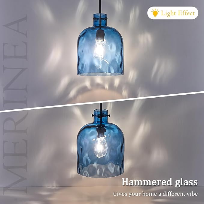 Blue Hammered Glass Pendant Light – 10-Inch Wide Single Dome Light Fixture, 1-Light E26 Ceiling Hanging Lamp for Kitchen Island, Dining Room, Hallway