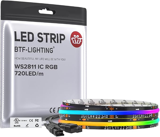 BTF-LIGHTING WS2811 Smart IC RGB FCOB COB LED Strip, UL Listed 720LEDs/m High Density Color Chasing Uniform Light, DC12V 3.28FT 12mm Width Black PCB for Home Party DIY Decor(No Adapter or Controller)