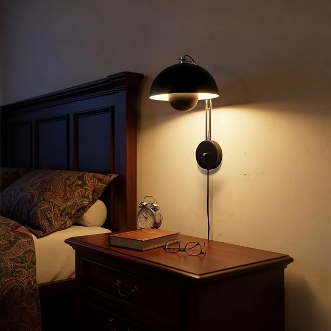 Mid-Century Modern Bud Plug in Wall Sconces for Bedroom, Glossy Black | Indirect lighting reading wall lamp, all-metal construction, plug-in or hardwired install, fits bedroom bedside, living room