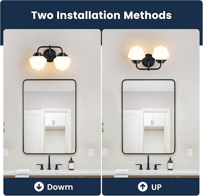 RUIYEY Bathroom Vanity Light Fixtures: 2-Light Black Bathroom Lighting Fixtures Over Mirror with Milky White Frosted Glass Shade, Farmhouse Modern Wall Light for Bath