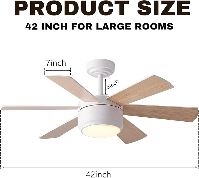 SHOWDI Ceiling Fan with Lights and Remote, 6 Blade App Control Timer Reversible Stepless Brightness and Color Temperature Outdoor Wood Ceiling Fan with Lights (White, 42 Inch)