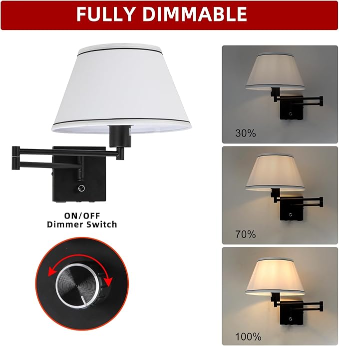 Swing Arm Wall Lamp,17”Wall Sconce Plug in with Type-C and USB Port,Dimmable Switch,Bedroom Wall Light Fixtures,Bedside Reading Lamp,White Shade Black Finish.