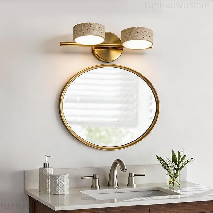 Led Bathroom Lighting Fixtures Over Mirror with 2 Travertine Shades,Vanity Lights Wall Lamp, 180° Rotatable Stone Lampshades Bathroom Lights, Modern Farmhouse Stone Sconces Gold