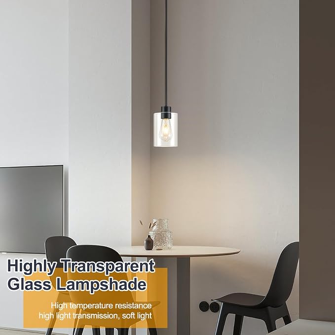 Modern Farmhouse Black Pendant Lights, Mini Hanging Light Fixture with Clear Glass Shade, Adjustable Rods for Kitchen Island, Sink, Bar (1 Pack)