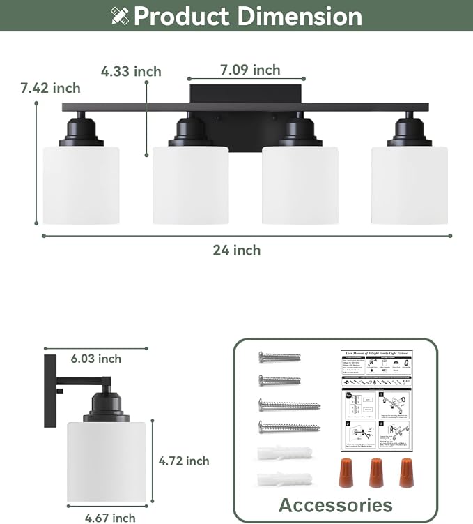 Vanity Light Fixtures, Matte Black, Over Mirror, Modern Bathroom Light, Anti-Rust Nickel Finished, 4-Light, E26 Standard Sockets, Easy Installation, 24 Months Replacement