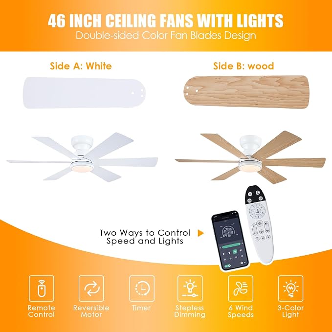 46" 6-Blade White Low Profile RGB Ceiling Fan with Light and Remote/APP | 11 RGB Modes,Reversible 6 Wind Speeds,Dimmable 3 CCT LED, 25W Quiet DC Motor,Timer,6 Double-Sided Blades,for Bedroom Party
