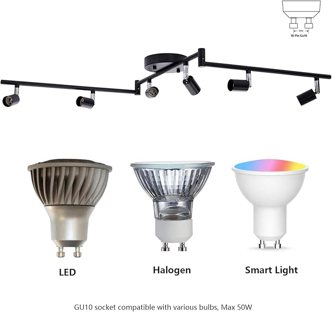AIBOO 6-Light Adjustable Dimmable Track Lighting Kit, Flexible Foldable Arms, Matt Black Color Perfect for Kitchen,Hallyway Bed Room Lighting Fixture, GU10 Base Bulbs not Included