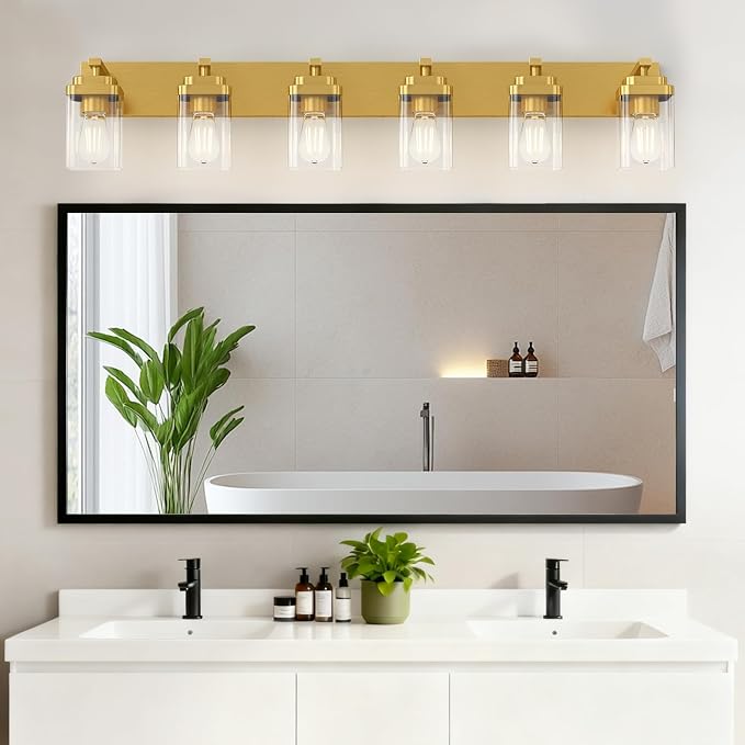 Brushed Gold Bathroom Light Fixtures, 6 Lights Bathroom Lighting Fixtures Over Mirror, Square Design & Rectangle Large Backplate, Modern Vanity Lighting Fixtures, for Living Room/Bedroom