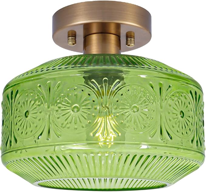 Semi Flush Mount Ceiling Light, Vintage Small Ceiling Light Fixture, Thickened Glass Hallway Light Fixture, Brass Kitchen Ceiling Mount Lamp with Green Glass for Entry Way, Bedroom, Bathroom, Porch