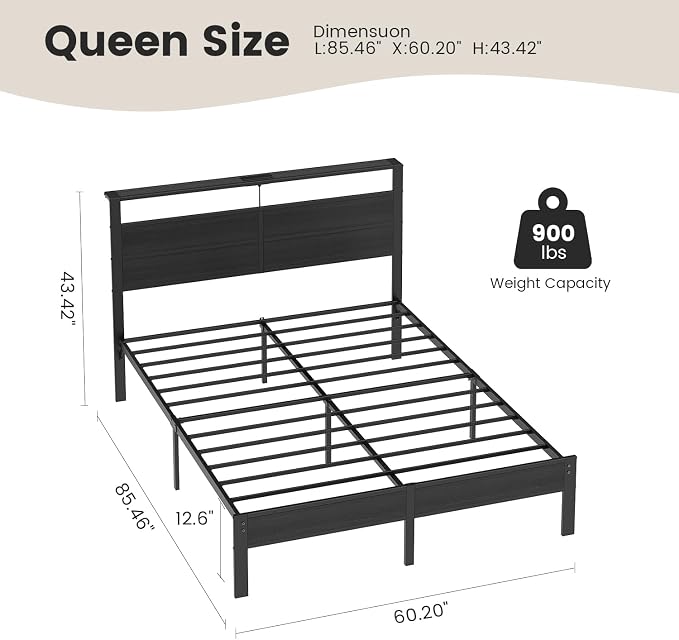 Queen Size Bed Frame with LED Lights and Charging Station Headboard | Black Metal Platform Bed, Storage Shelf, USB+Type C, Noise Free, No Box Spring Needed, Easy Assembly