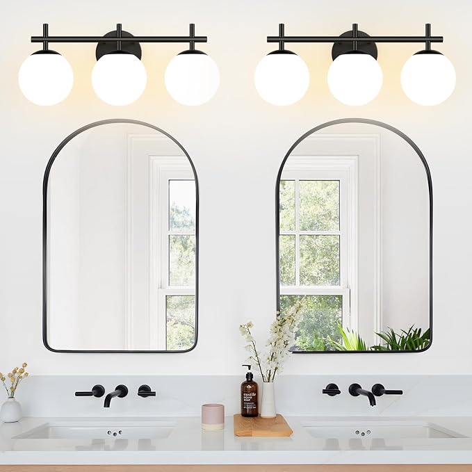 MOKATNG 3-Light Bathroom Light Fixtures with Milky White Glass, Matte Black | 19.3 inch Vanity Lights for Bathroom, Bathroom Lighting Over Mirror, Wall Sconce, Fits E12 bulbs(Bulb Not Included)