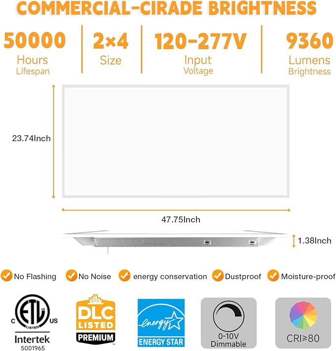 OKQ 2x4 LED Flat Panel Light Drop Ceiling Office Fixture, 5 CCT 3000K-6500K Adjustable & 5 Wattage Selectable,0-10V Dimmable, 2X4 LED Flush Mount Ceiling Light, ETL Listed 24Pack