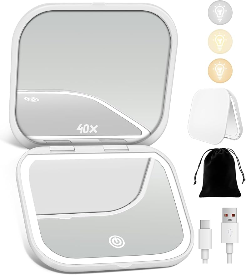 Magnifying Mirror with Light, Rechargeable 40X Compact Mirror with 3 Lighting Modes & Dimmable Brightness, Portable Travel Makeup Mirror with Light, Essentials for Travel, Pocket Purse White
