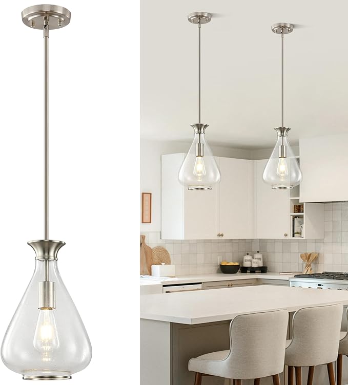 Modern Pendant Lights Kitchen Island, 1 Pack Brushed Nickel Pendant Light Fixtures with 8.5" Clear Air Bubble Glass Shade, Industrial Hanging Pendant Lights Fixture for Kitchen Island Dining Room