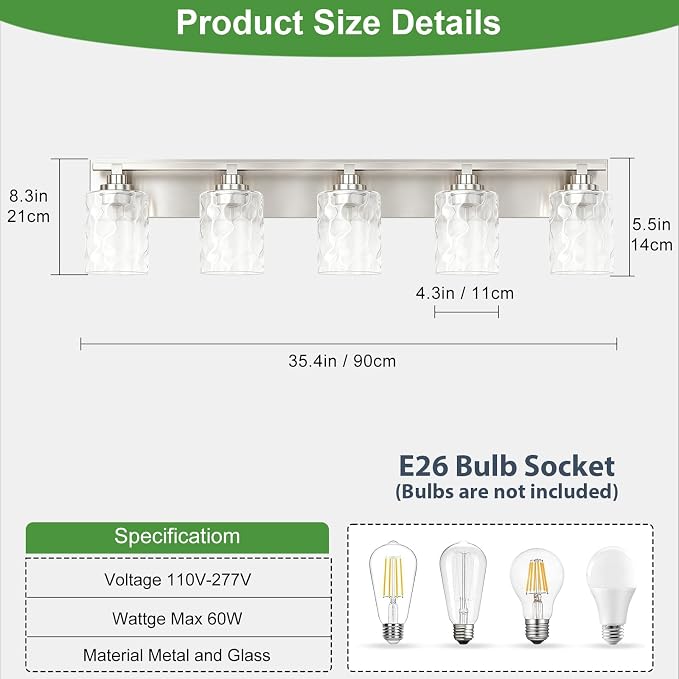Modern Bathroom Lighting Fixtures Over Mirror, Vanity Lights for Bathroom, Wall Sconces with Clear Glass Shades, E26 Ceramic Socket, 5-Light 35.4-inch Brushed Nickel