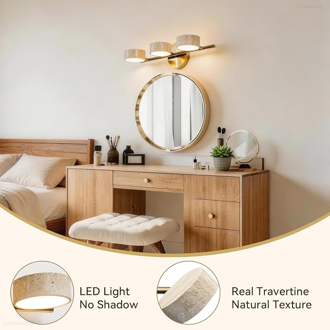 Led Bathroom Lighting Fixtures Over Mirror with 3 Travertine Shades,Vanity Lights Wall Lamp, 180° Rotatable Stone Lampshades Bathroom Lights, Modern Farmhouse Stone Sconces Gold