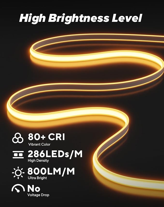 Shine Decor COB LED Rope Light AC 120V, 800lm Ultra Bright, IP65 Waterproof Cold-Resistant ETL Neon Strip, No Driver Tape Lighting for Home Commercial 10x4.5mm, 2800K Warm White, 65.6ft
