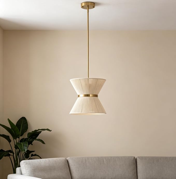 Pendant Kitchen Island Lights,12.2” Rattan Pendant Light for Dining Room | Handwoven Natural Rope Shade, Small Boho Chandelier for Kitchen Dining Room, Gold Metal Finish, Adjustable Hanging Height