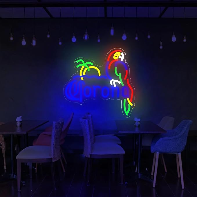 Coron Neon Sign Parrot Neon Lights for Bar Decor, Palm Tree Beer Lights Bar LED Neon Sign Dimmable Light Up Signs Man Cave Home Pub Beer Gift Neon Lamp (Blue)