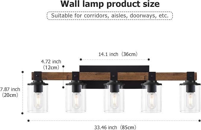 DUJAHMLAND Farmhouse Vanity Lights, 5-Light Wood Bathroom Wall Lighting with Clear Glass, Industrial Metal Wall Sconce for Bedroom, Kitchen, Hallway (Antique Wood, 5-Light)