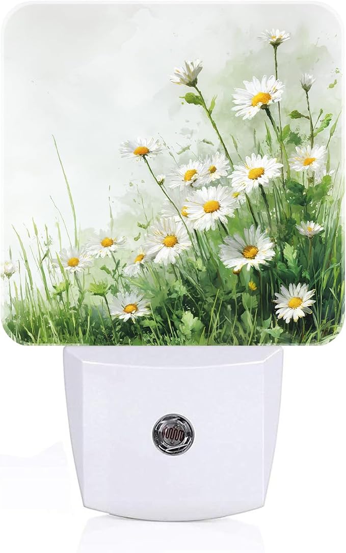 Flowers Night Light，Daisies Watercolor Plug Into Wall for Boys Girls Bedroom Decorative Square Night Light Lamp 0.5w Sleep Friendly