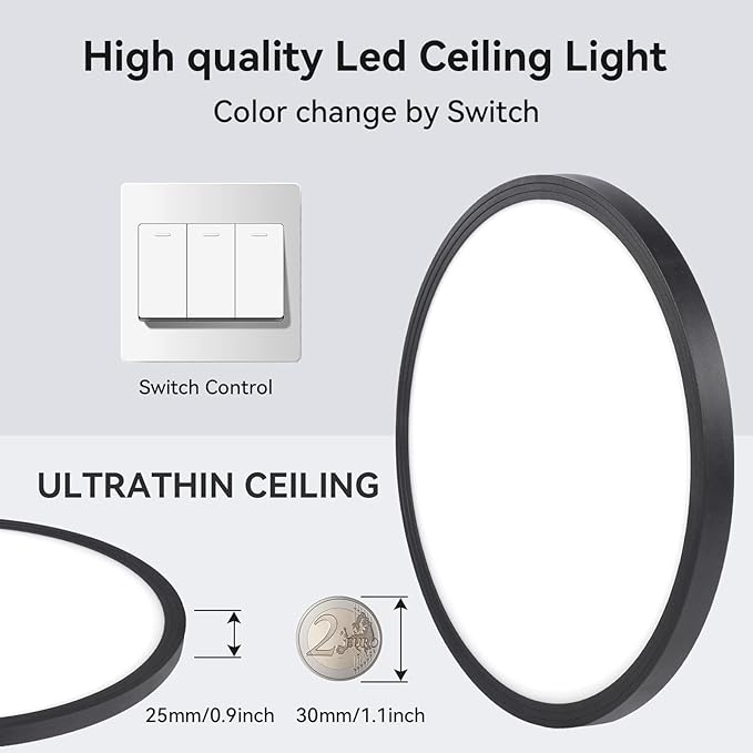 4Pack 12 Inch 3200LM Black Slim Flush Mount Ceiling Light Fixture Round Day White 6000K Thin Flat 120V Surface LED Ceiling Light 300W Equivalent
